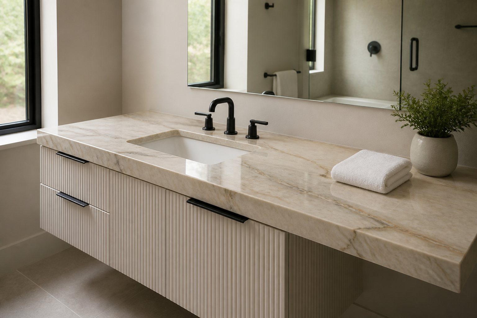 Taj Mahal quartzite bathroom vanity top with undermount basin and black faucet