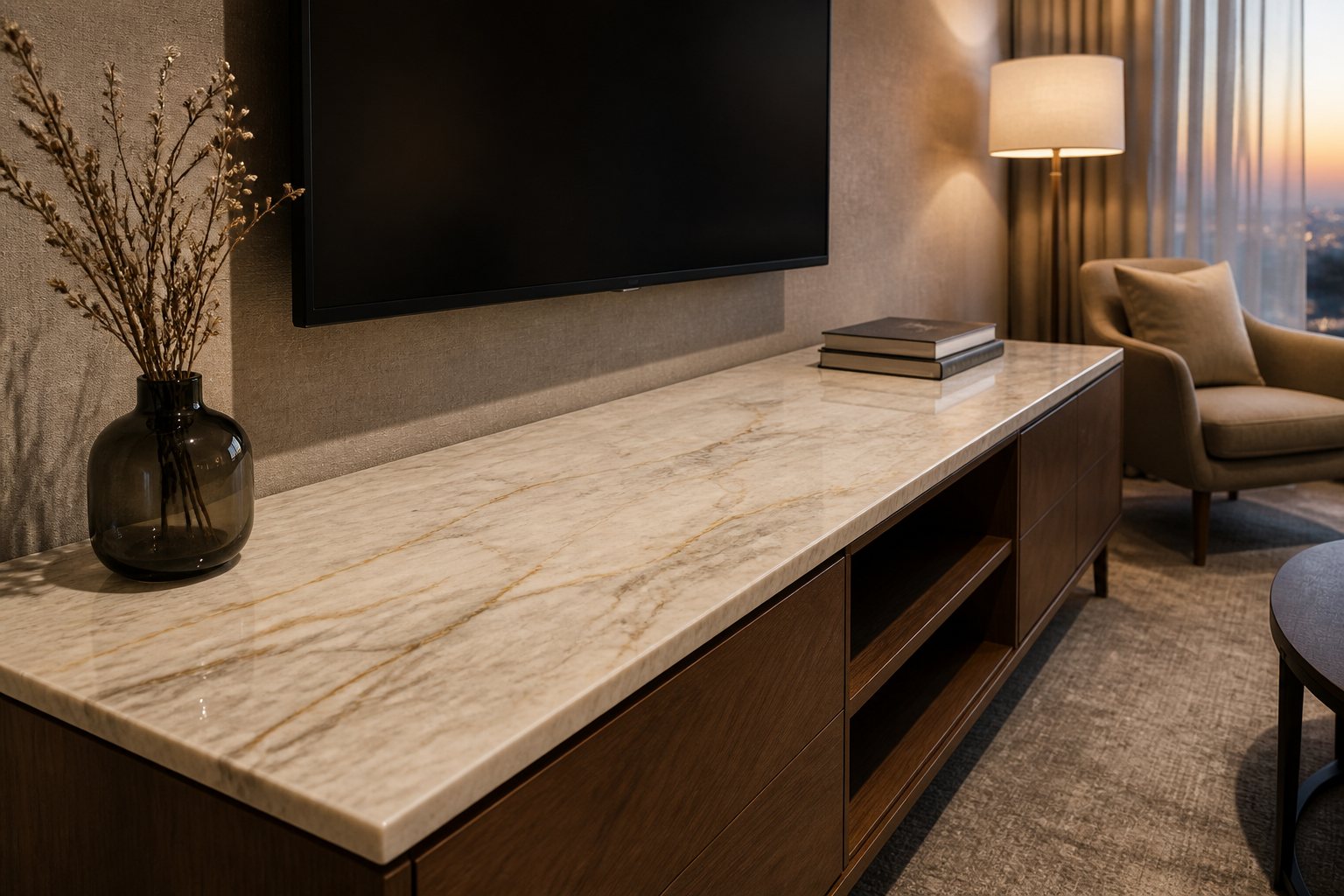 Taj Mahal slab top on a hotel TV cabinet and media console