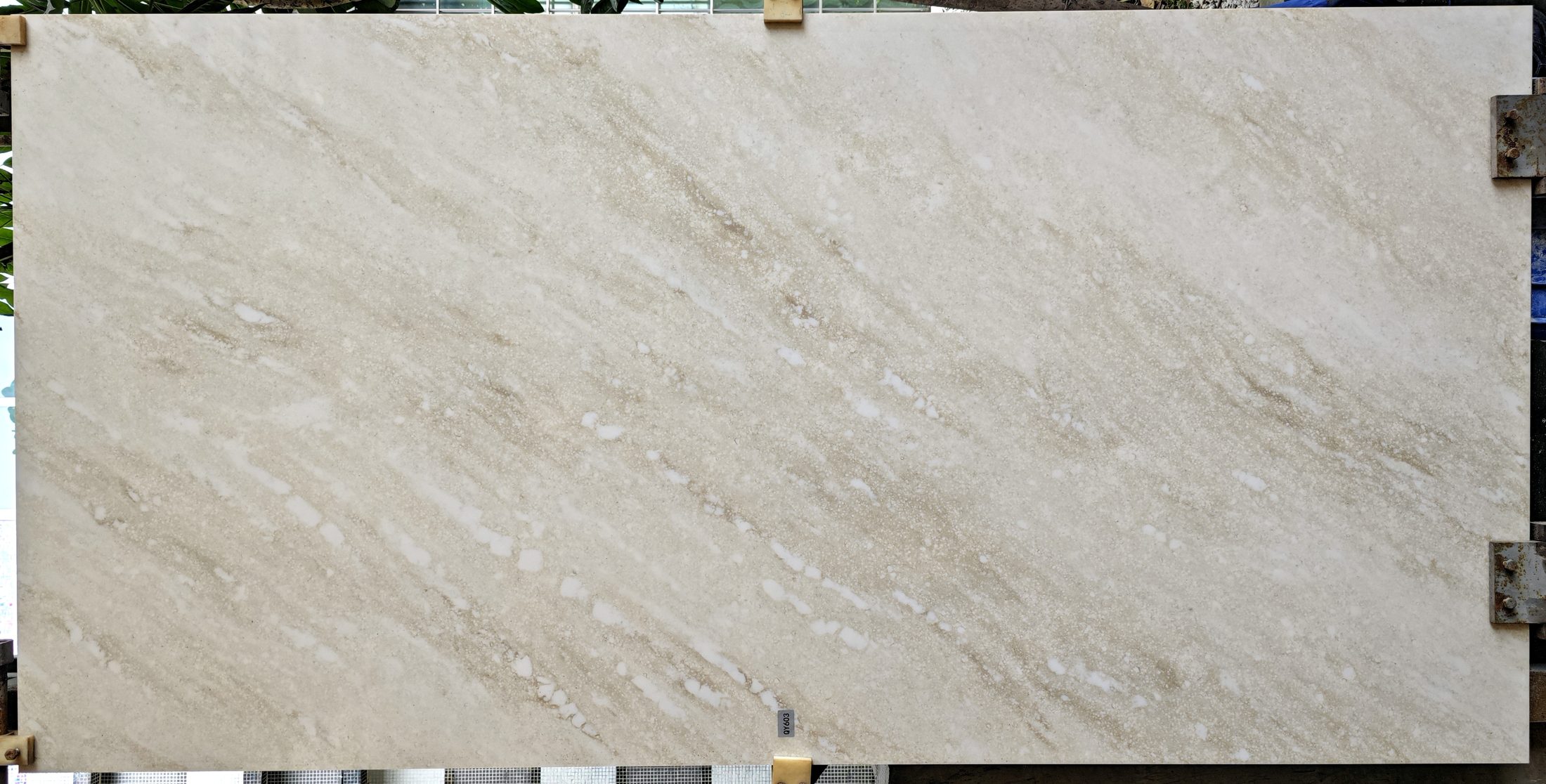 Taj Mahal quartzite slab with gold and grey veining